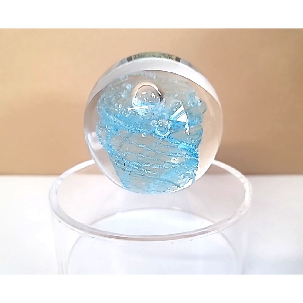 Dynasty Gallery Handblown Glass Controlled Bubble Light Blue Twist  Paper Weight